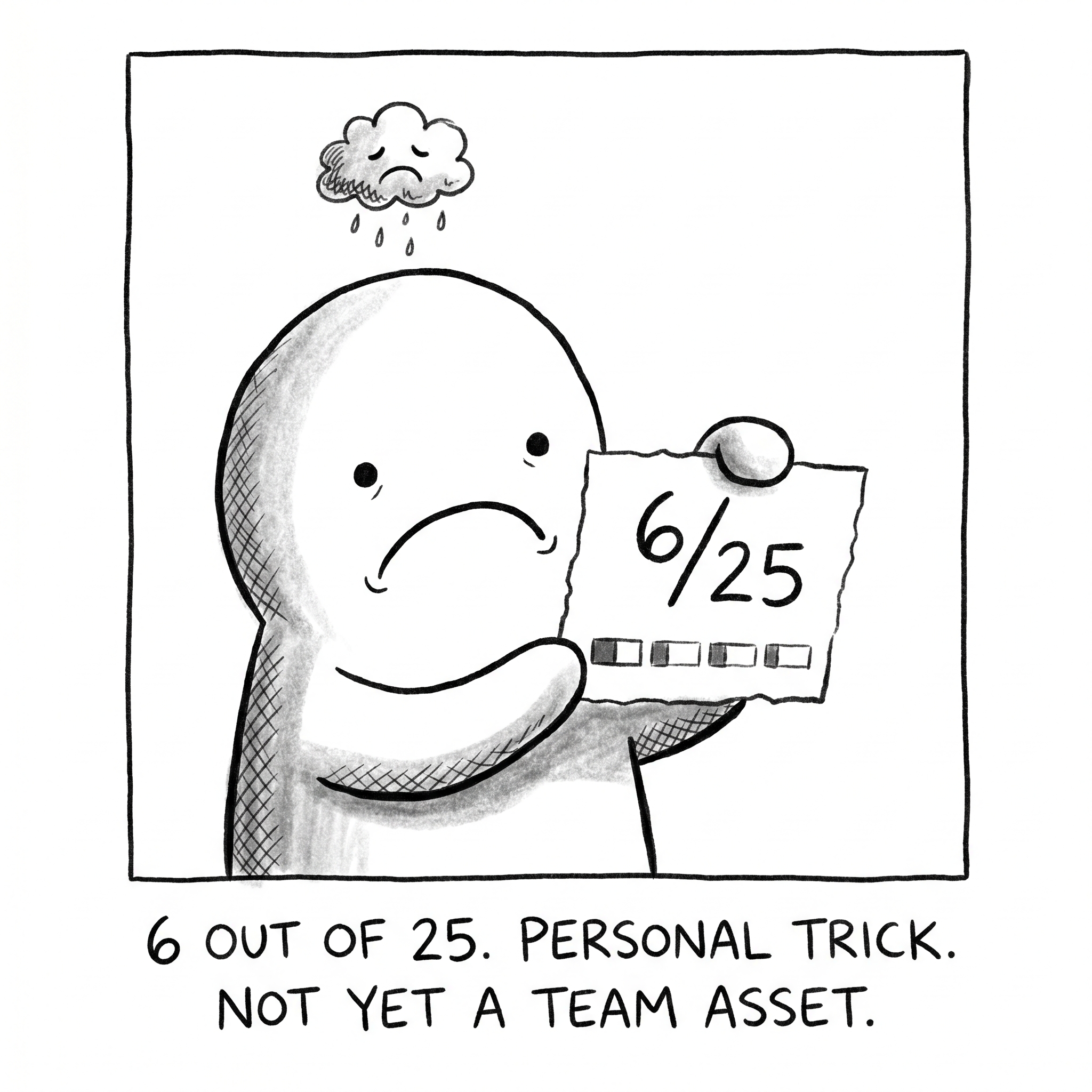 Score of 6 out of 25 — personal trick, not yet a team asset.