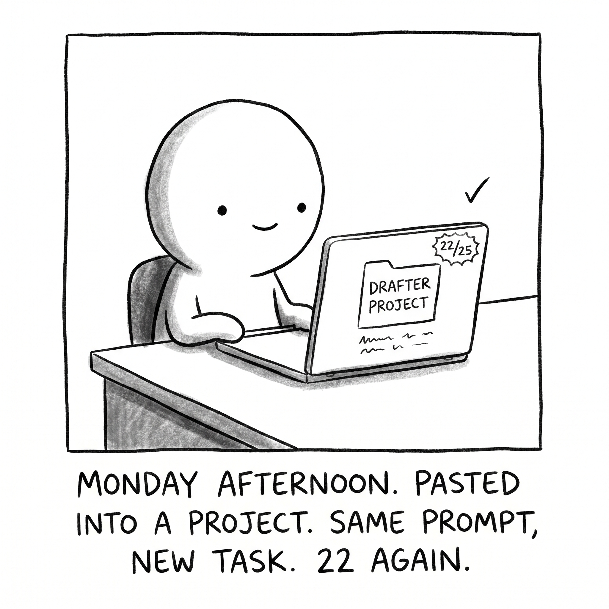 Monday afternoon — pasted into a Project, score 22 again on a new task.