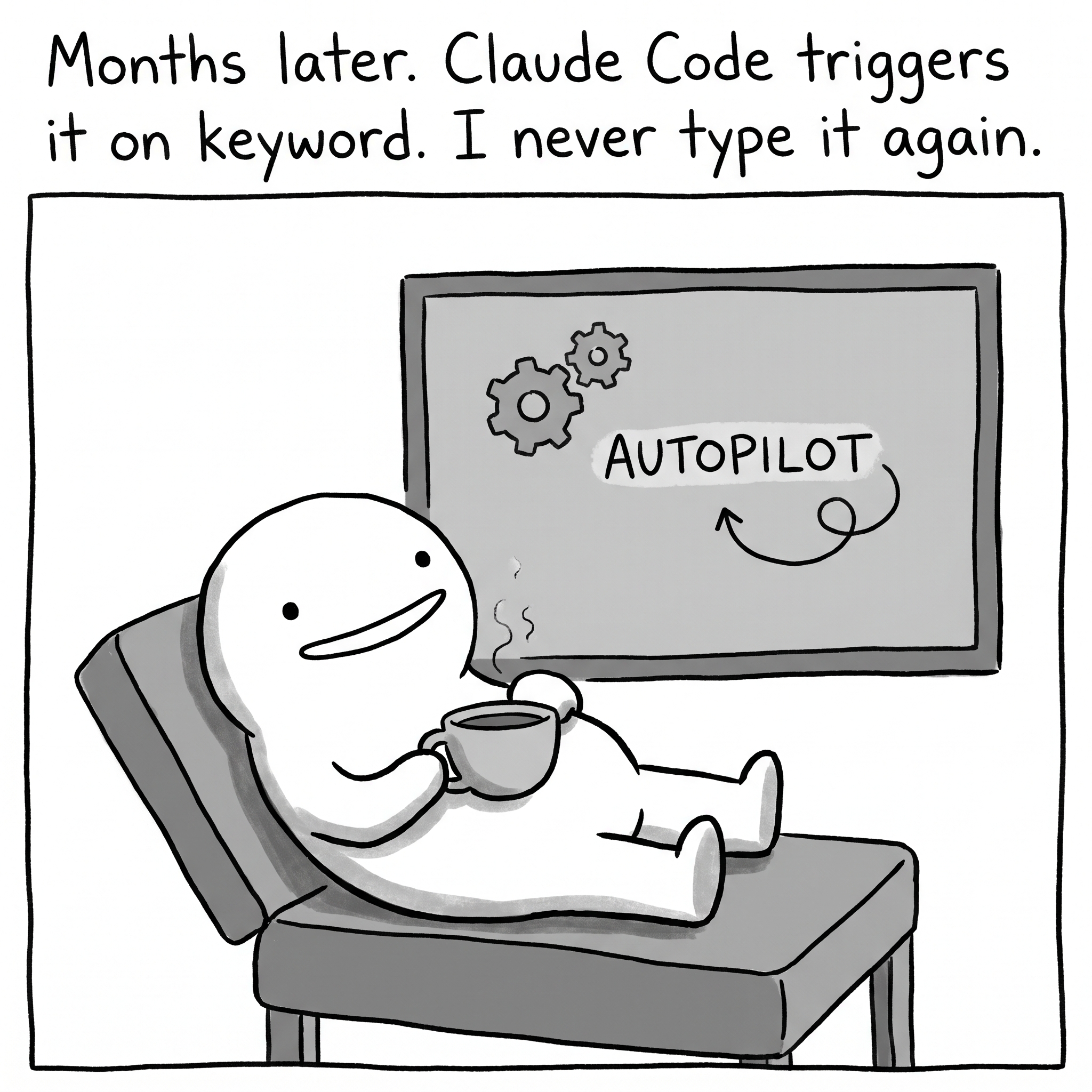 Months later — Claude Code triggers the skill on keyword. Autopilot.