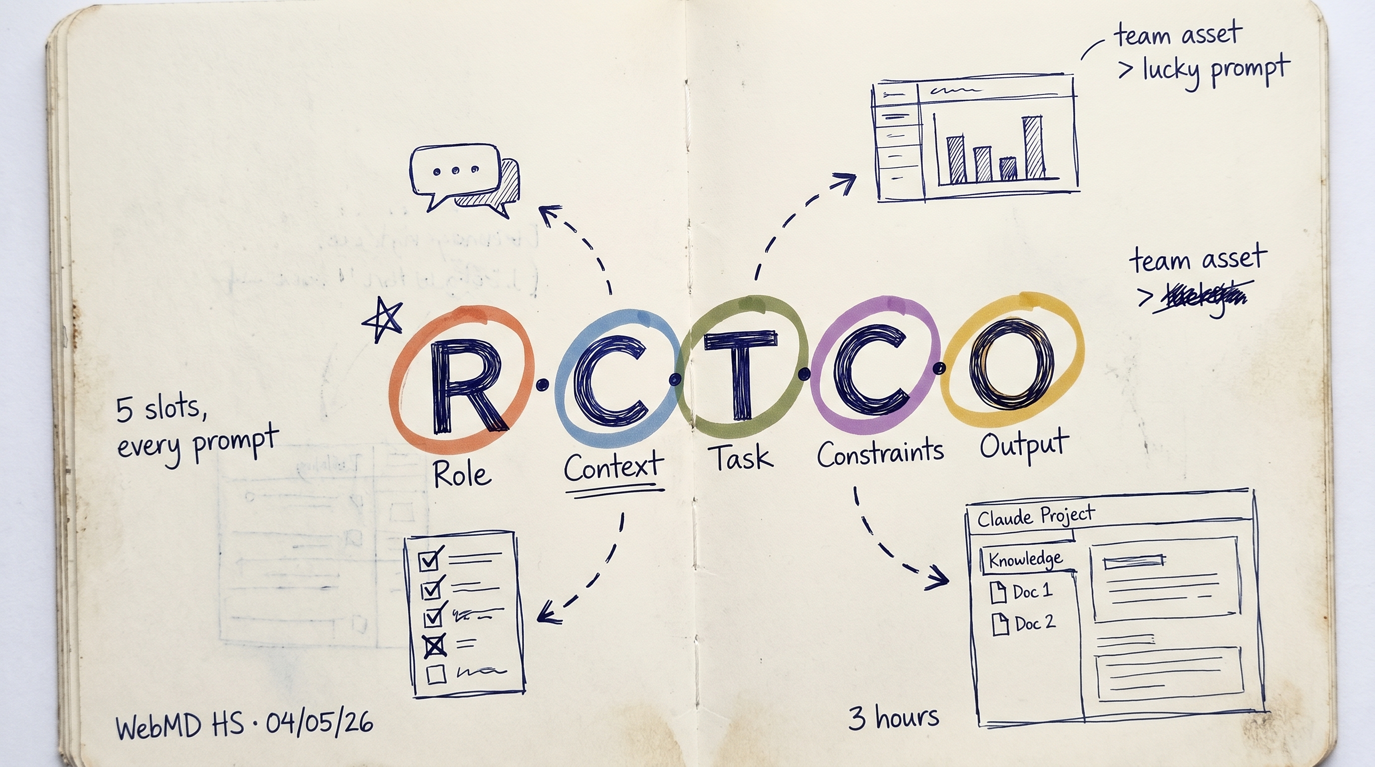 RCTCO — five letters circled in highlighter on a Moleskine page